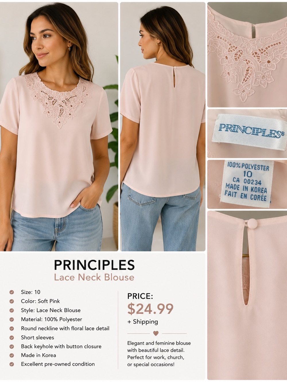 Principles Lace Neck Blouse – Women’s Size 10 Vintage